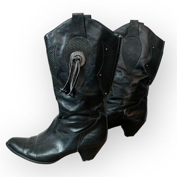 Vintage Black Cowboy Western Boots Fringe Retro 80s 10 - Picture 2 of 10
